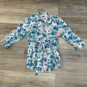Flutter & Kick Maternity Blouse Sz L Floral Print Front Sash Baby Shower Preppy
